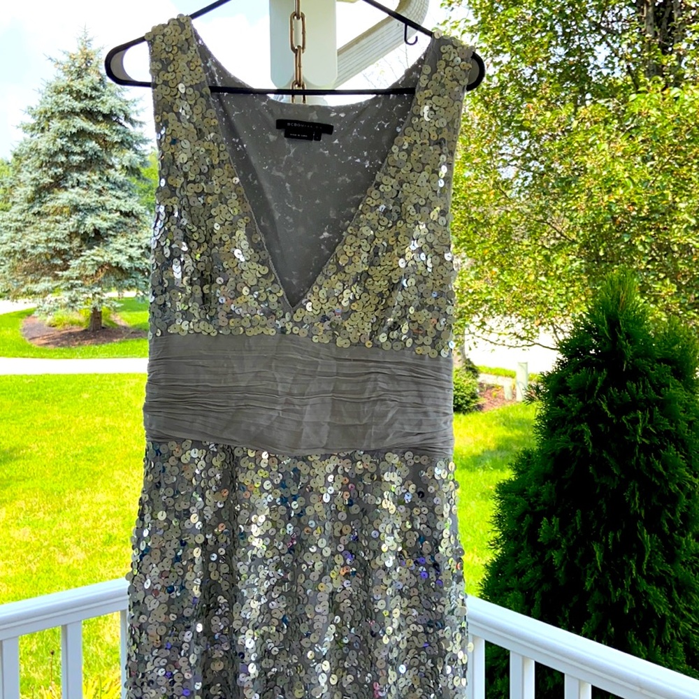 BCBG L silver sparkle sequin dress with grey sash